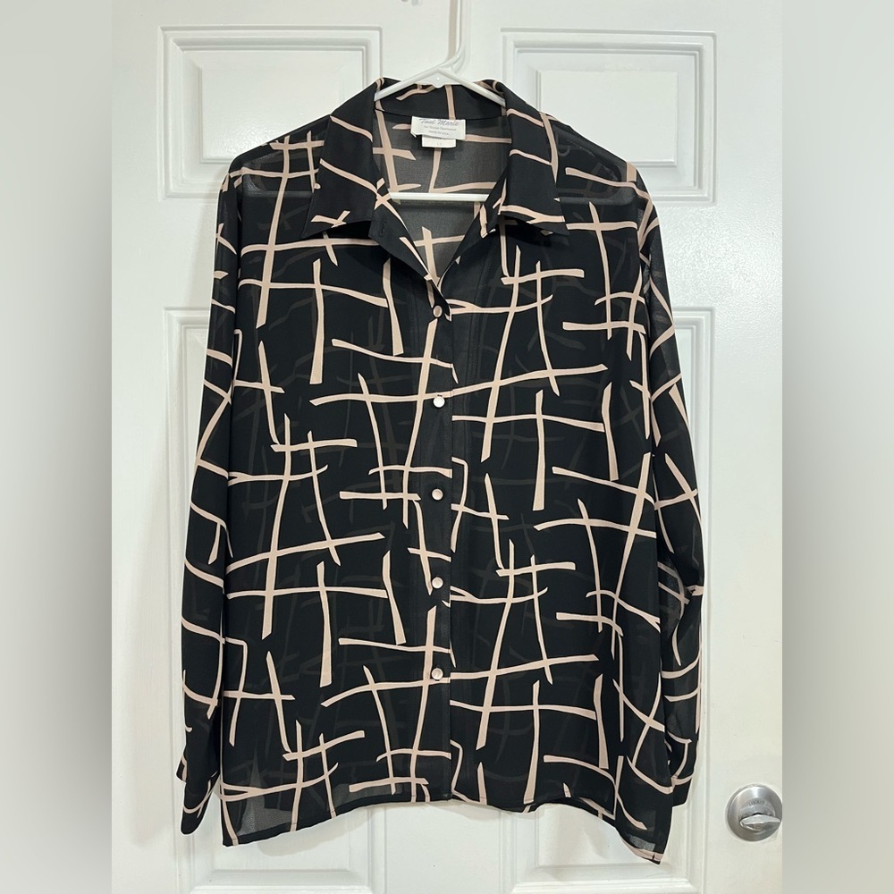 Vintage Toni Marie Sissies Sportswear Women’s Blouse 12 Black Tan Abstract Sheer